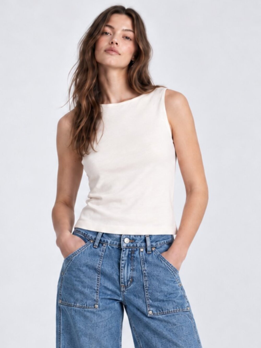 Madewell Cream Sleeveless Boatneck Side Slit Tee • size medium • NU773